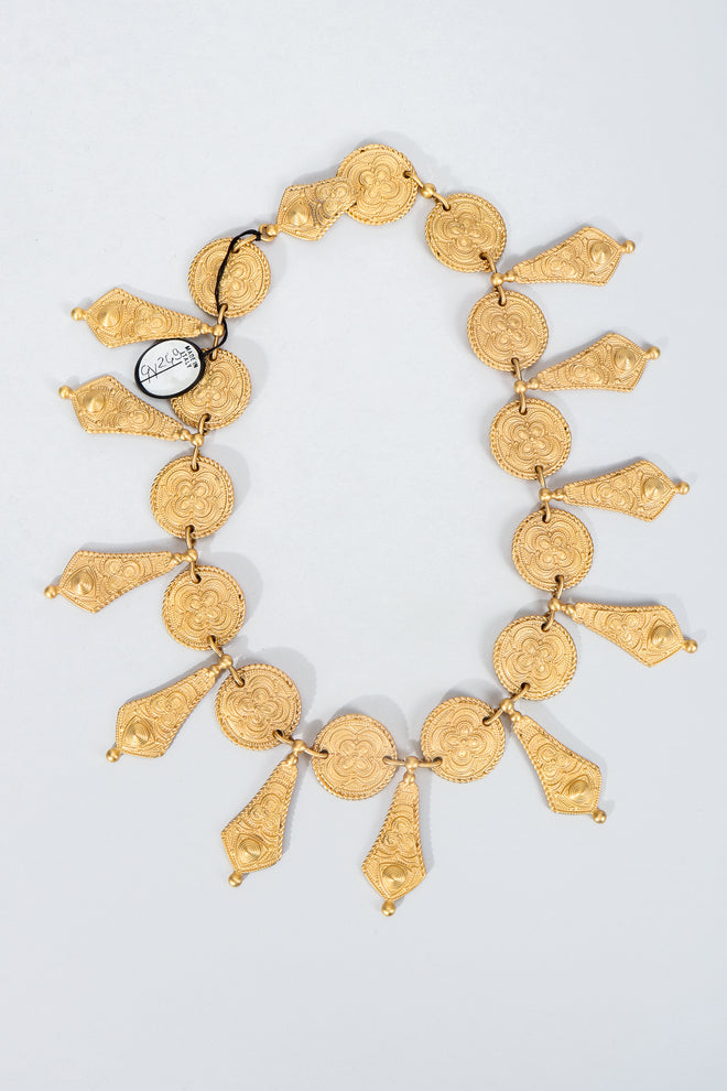 Vintage Genny Etruscan Matte Gold Pointed Collar Necklace on Grey at Recess