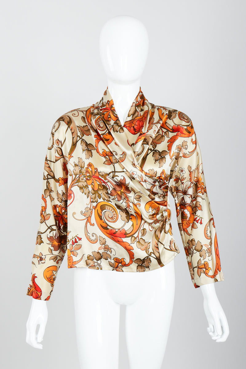 Vintage Genny Satin Draped Faux Wrap Blouse on Mannequin front at Recess Los Angeles
