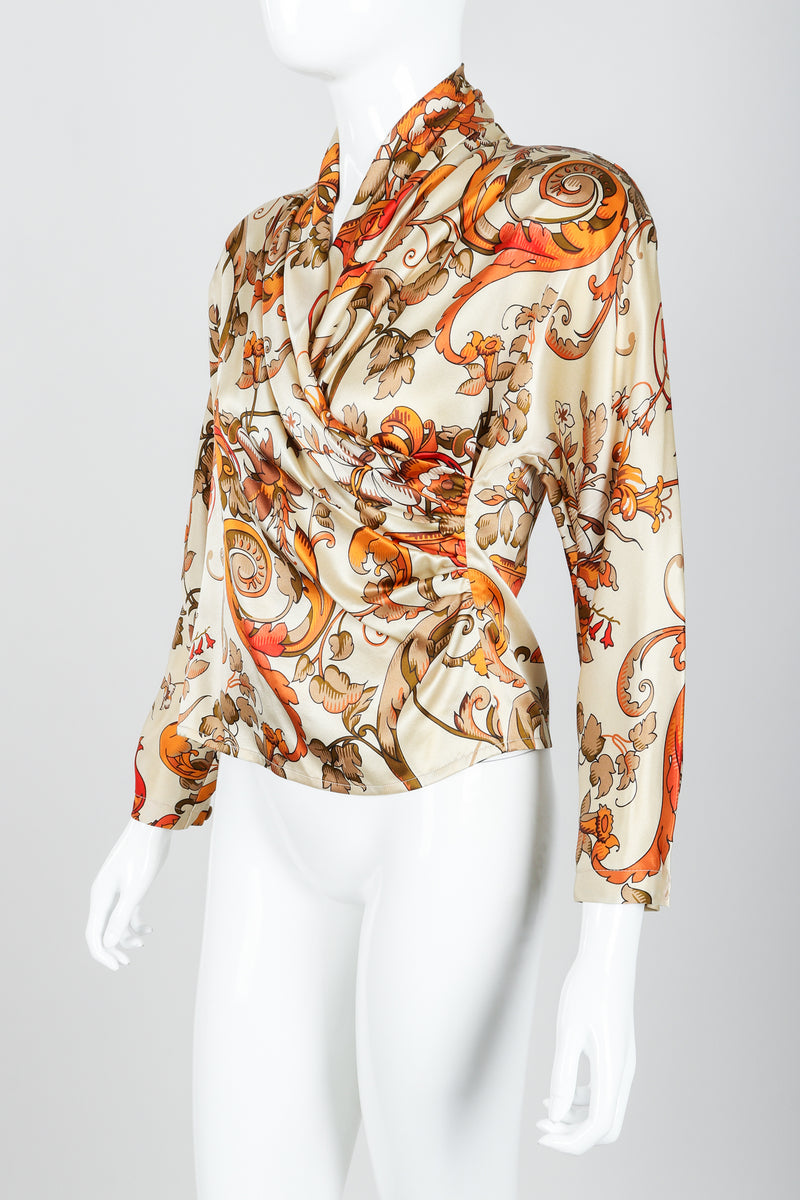 Vintage Genny Satin Draped Faux Wrap Blouse on Mannequin angle at Recess Los Angeles