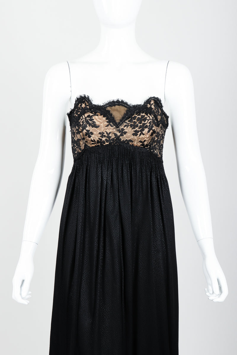 Vintage Geoffrey Beene Strapless Lace Empire Dress on Mannequin Front Crop at Recess Los Angeles