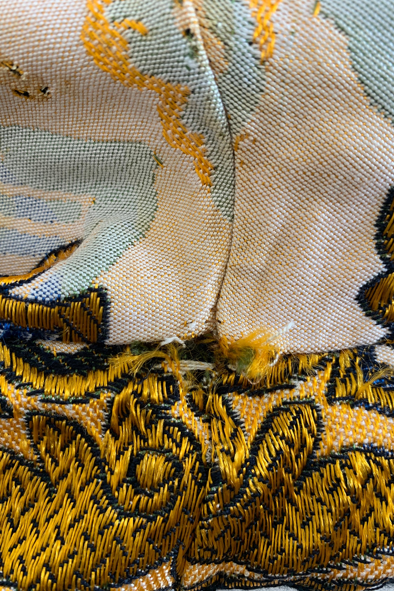 Vintage Georgie Keyloun Fringed Tapestry Jumpsuit hole seam at Recess