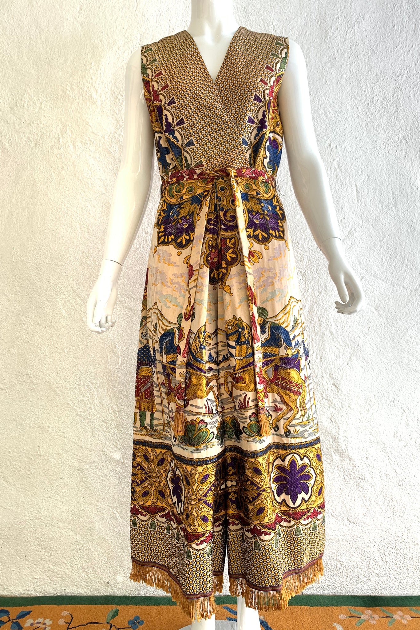 Vintage Georgie Keyloun Fringed Tapestry Jumpsuit on Mannequin front at Recess