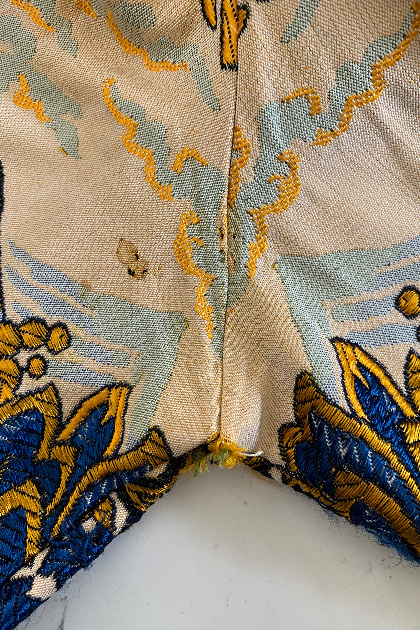 Vintage Georgie Keyloun Fringed Tapestry Jumpsuit fabric damage at Recess