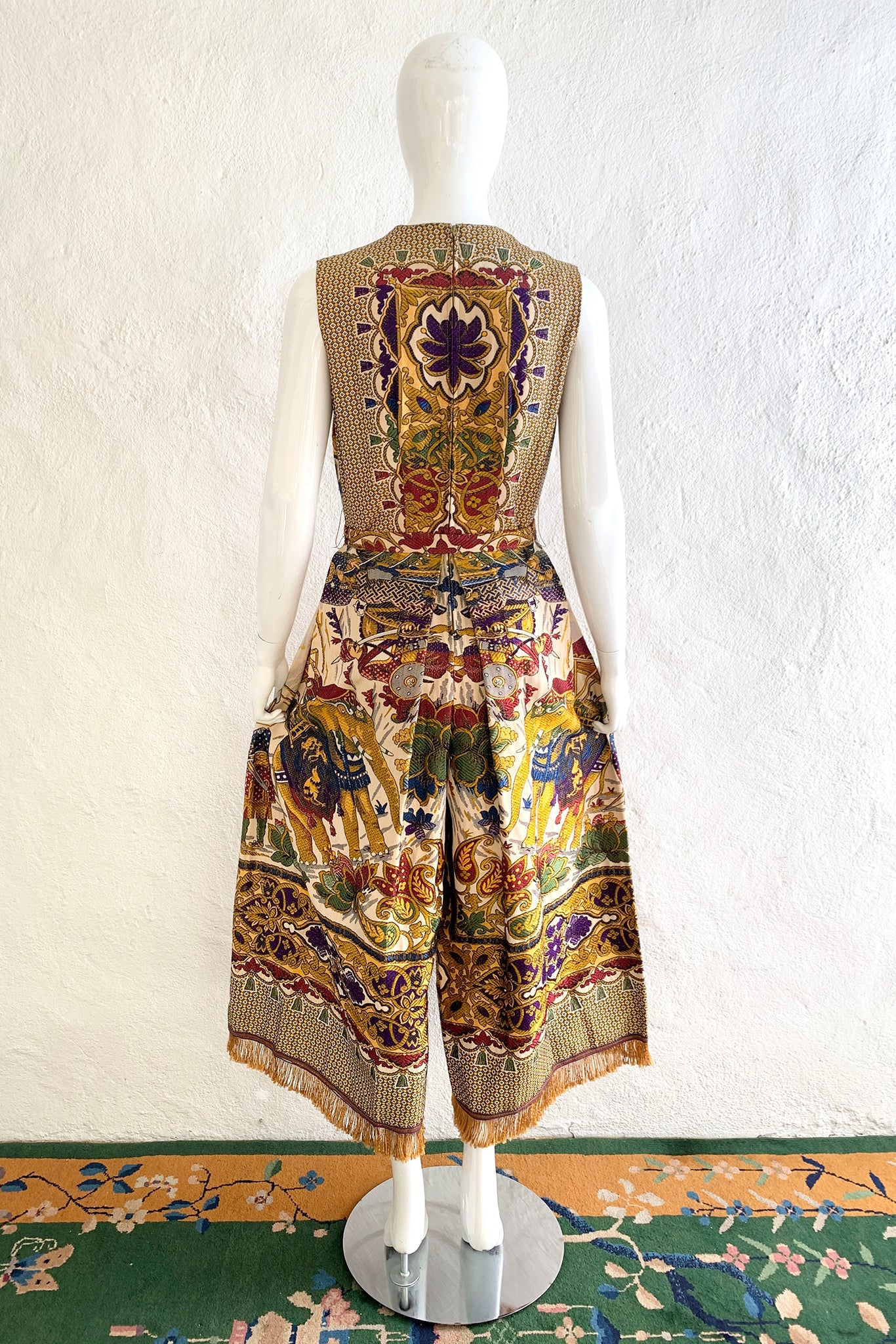Vintage Georgie Keyloun Fringed Tapestry Jumpsuit on Mannequin back at Recess