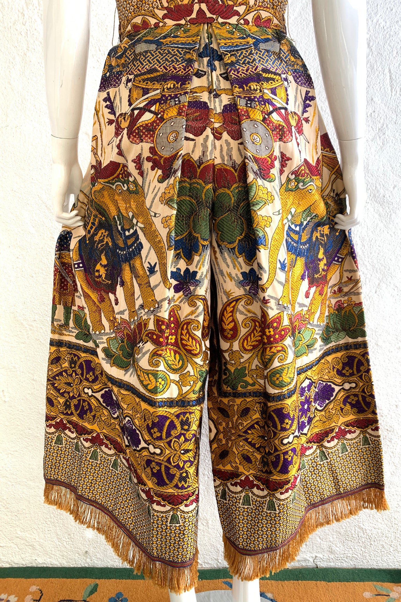 Vintage Georgie Keyloun Fringed Tapestry Jumpsuit on Mannequin back crop pant at Recess
