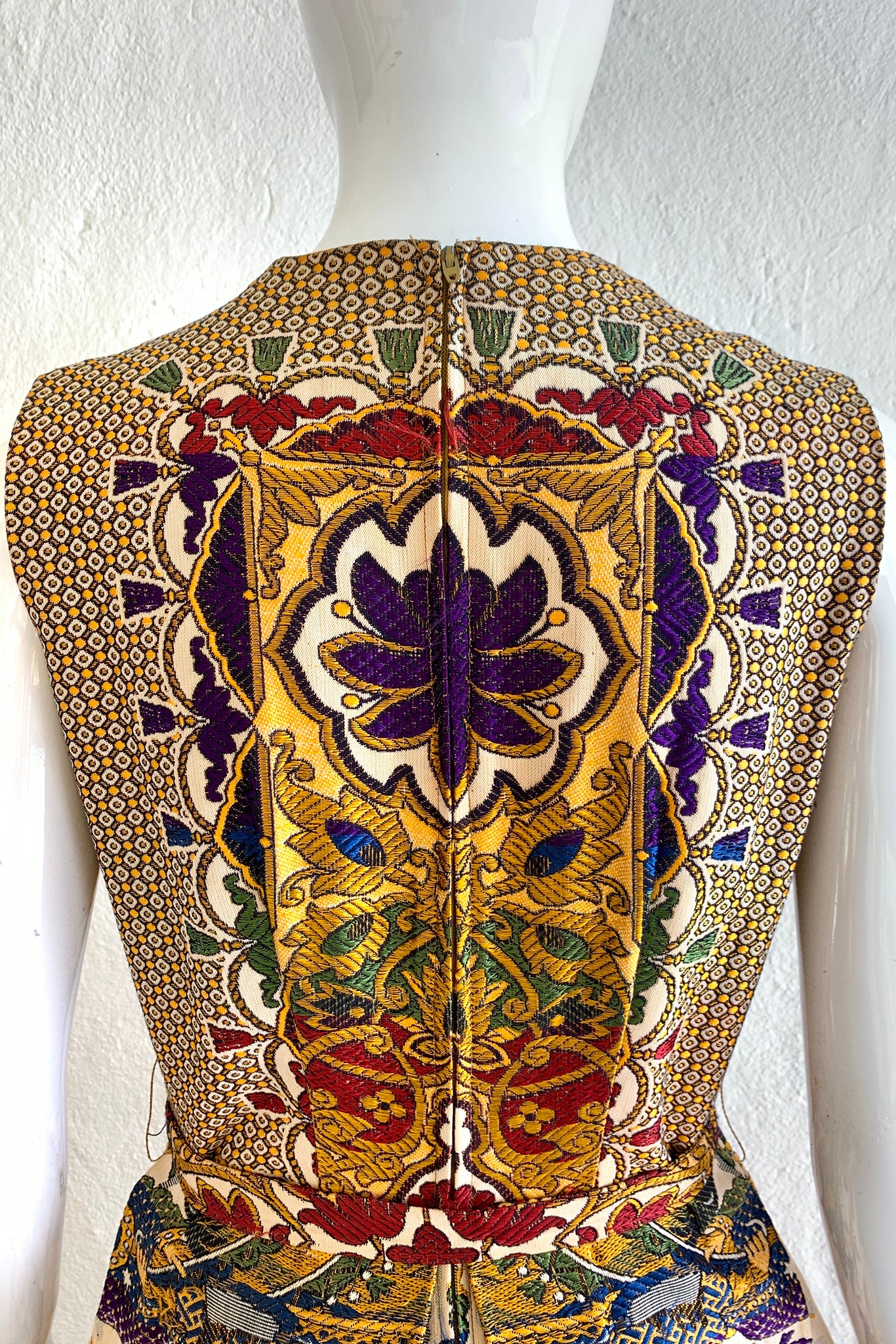 Vintage Georgie Keyloun Fringed Tapestry Jumpsuit on Mannequin back logo at Recess
