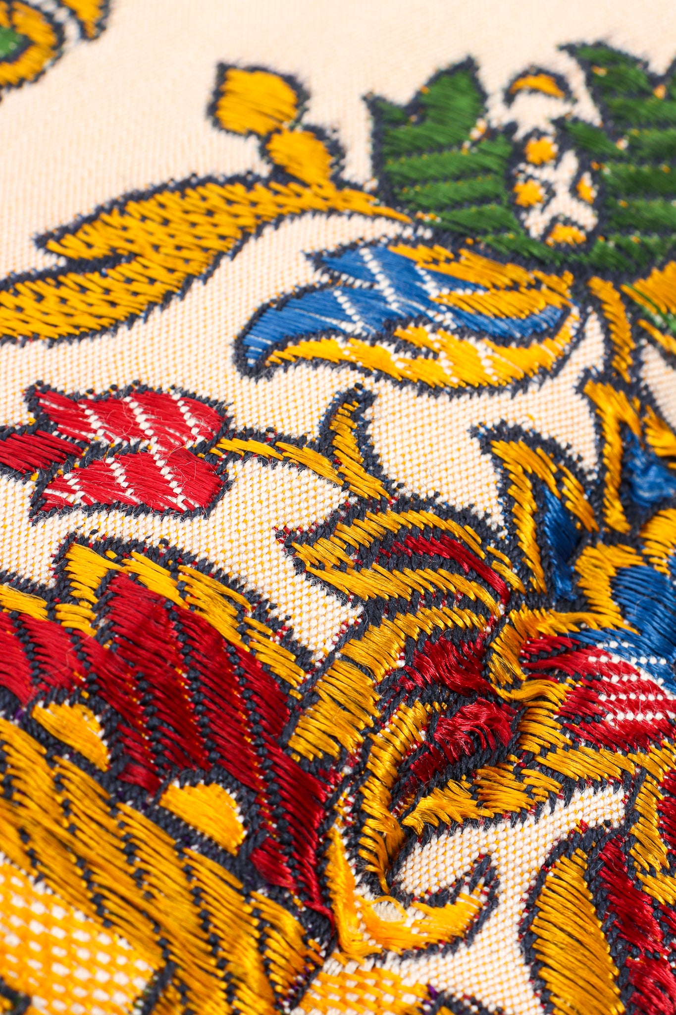 Vintage Georgie Keyloun Fringed Tapestry Caftan fabric detail at Recess Los Angeles