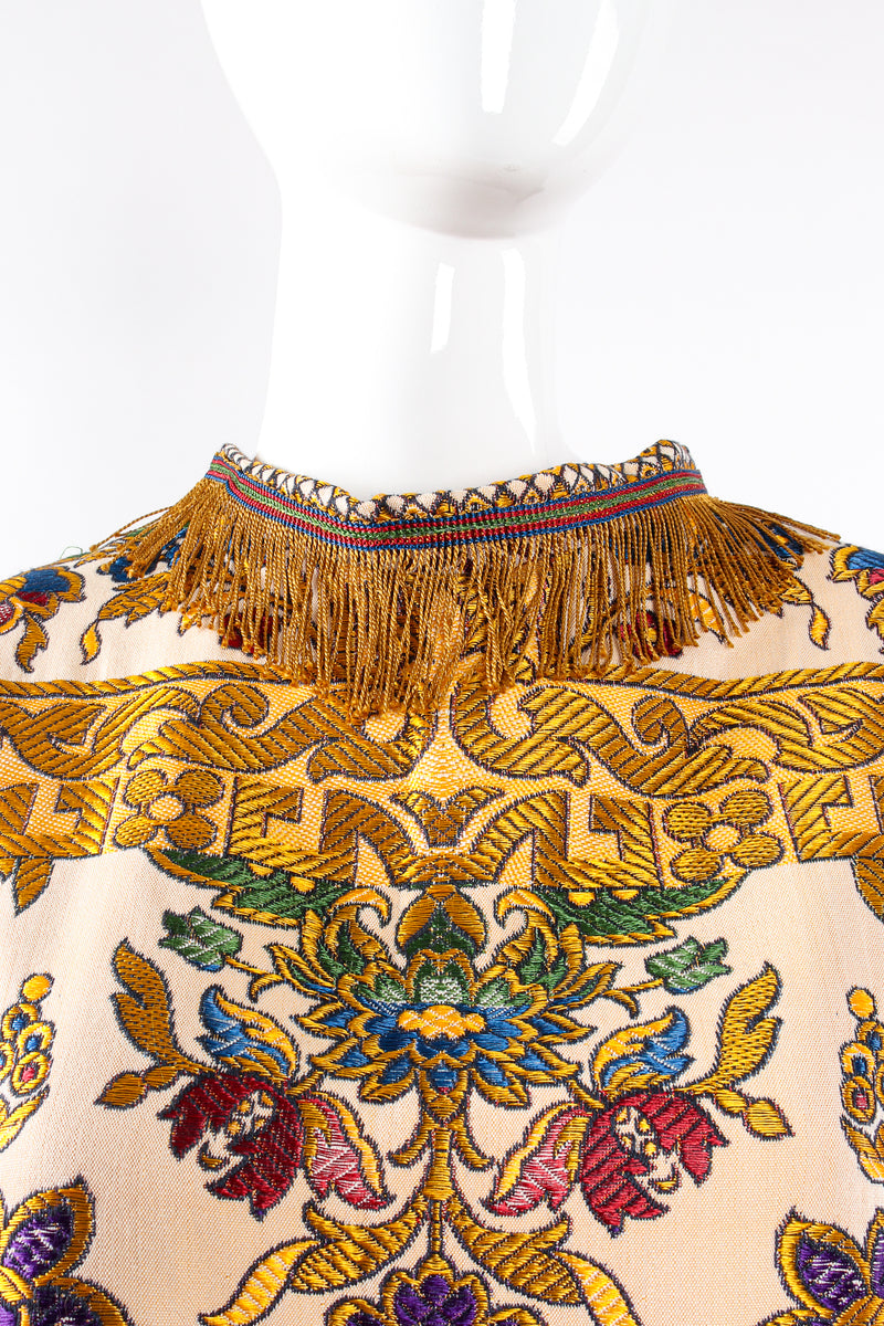 Vintage Georgie Keyloun Fringed Tapestry Caftan on Mannequin front neck at Recess Los Angeles