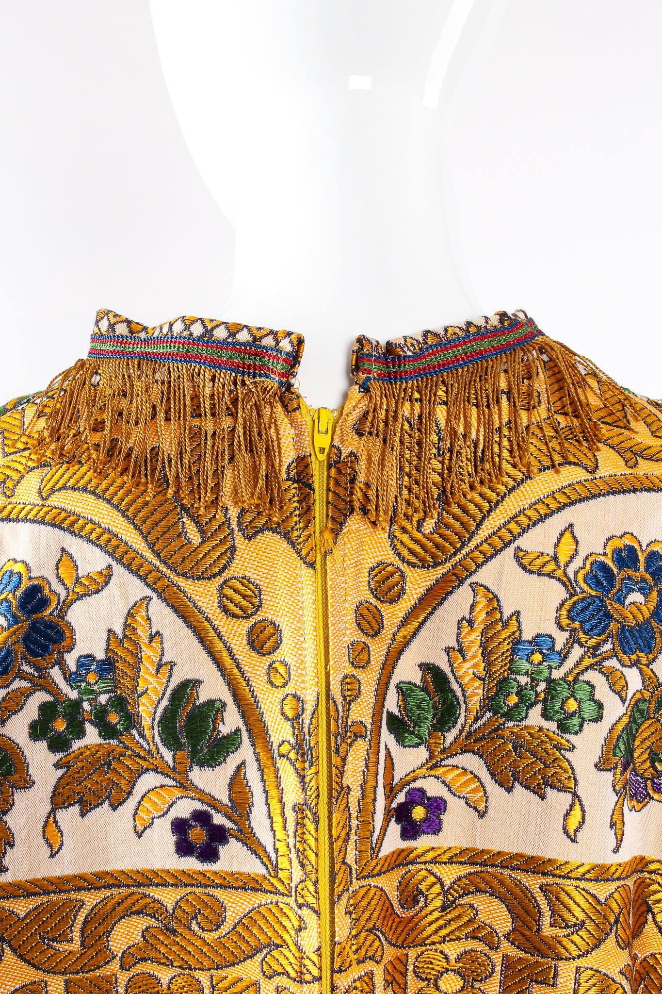 Vintage Georgie Keyloun Fringed Tapestry Caftan on Mannequin back neck at Recess Los Angeles