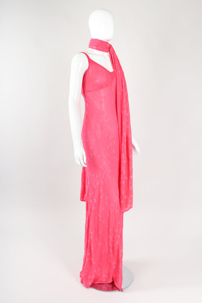 Recess Los Angeles Designer Consignment Vintage Ghost Hot Pink 90s Minimal Embroidered Slip Dress & Shawl