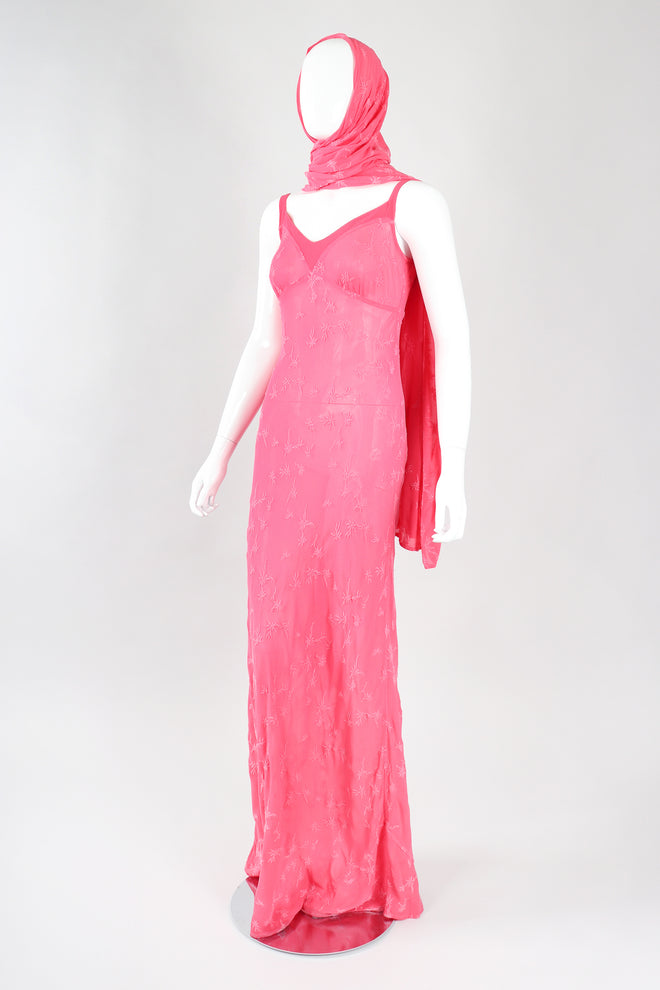 Recess Los Angeles Designer Consignment Vintage Ghost Hot Pink 90s Minimal Embroidered Slip Dress & Shawl