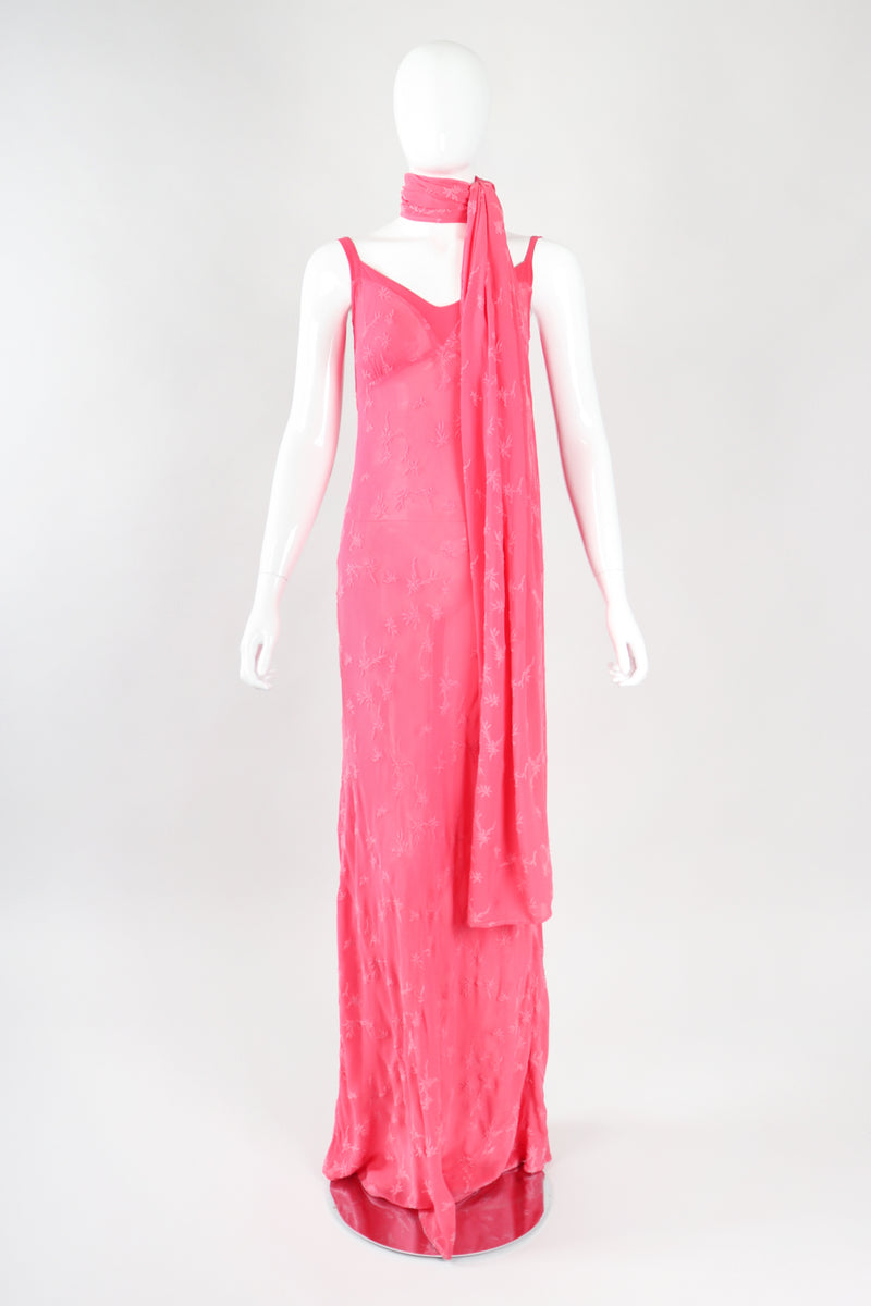 Recess Los Angeles Designer Consignment Vintage Ghost Hot Pink 90s Minimal Embroidered Slip Dress & Shawl
