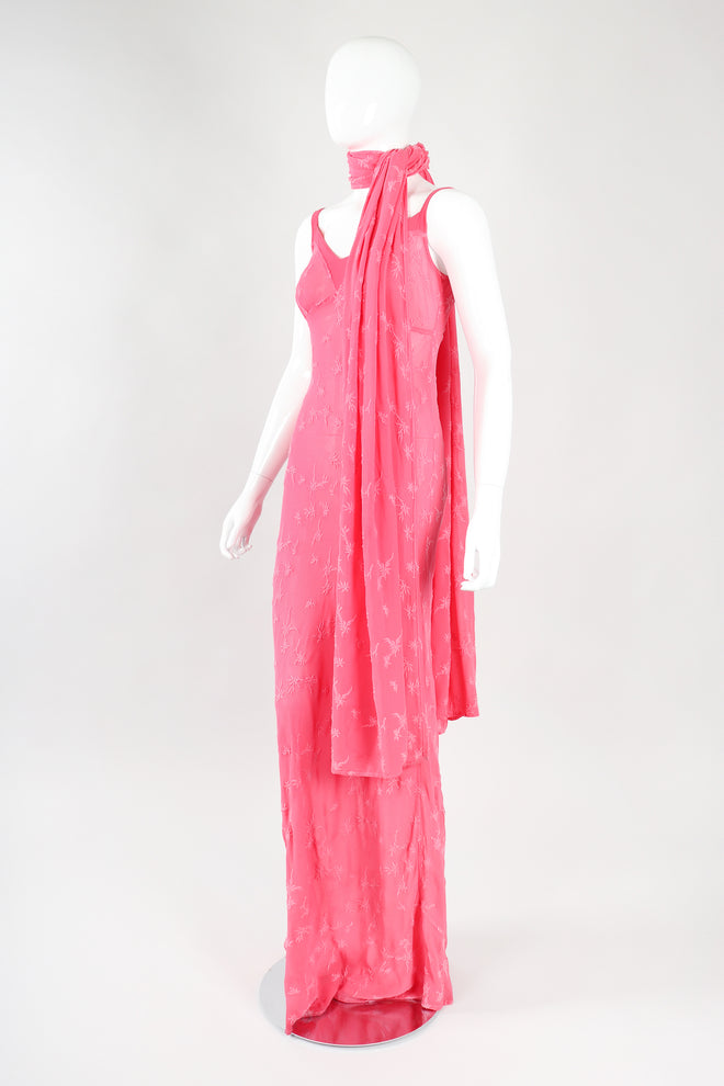 Recess Los Angeles Designer Consignment Vintage Ghost Hot Pink 90s Minimal Embroidered Slip Dress & Shawl