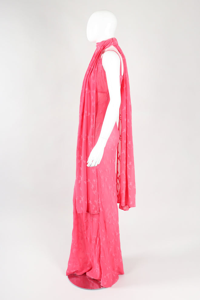 Recess Los Angeles Designer Consignment Vintage Ghost Hot Pink 90s Minimal Embroidered Slip Dress & Shawl