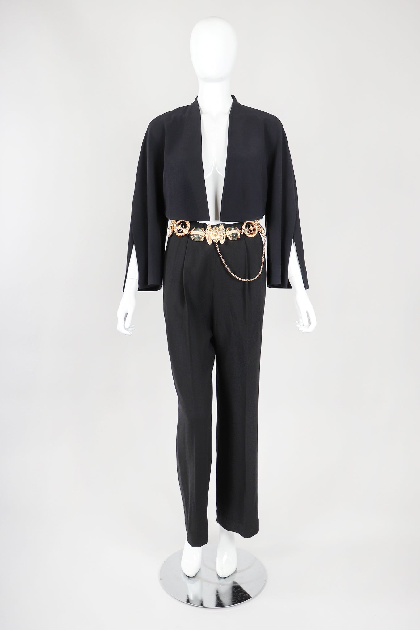 Recess Vintage Gianfranco Ferre Black Jacket, Belted Pant & Suspender Set on Mannequin, Front