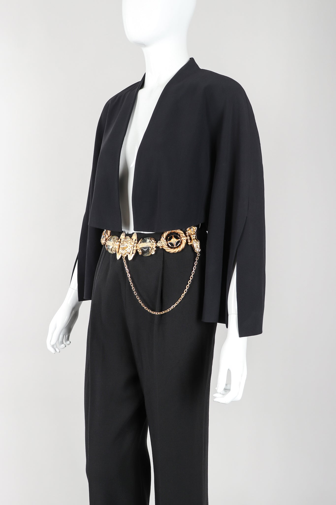 Recess Vintage Gianfranco Ferre Black Jacket, Belted Pant & Suspender Set on Mannequin