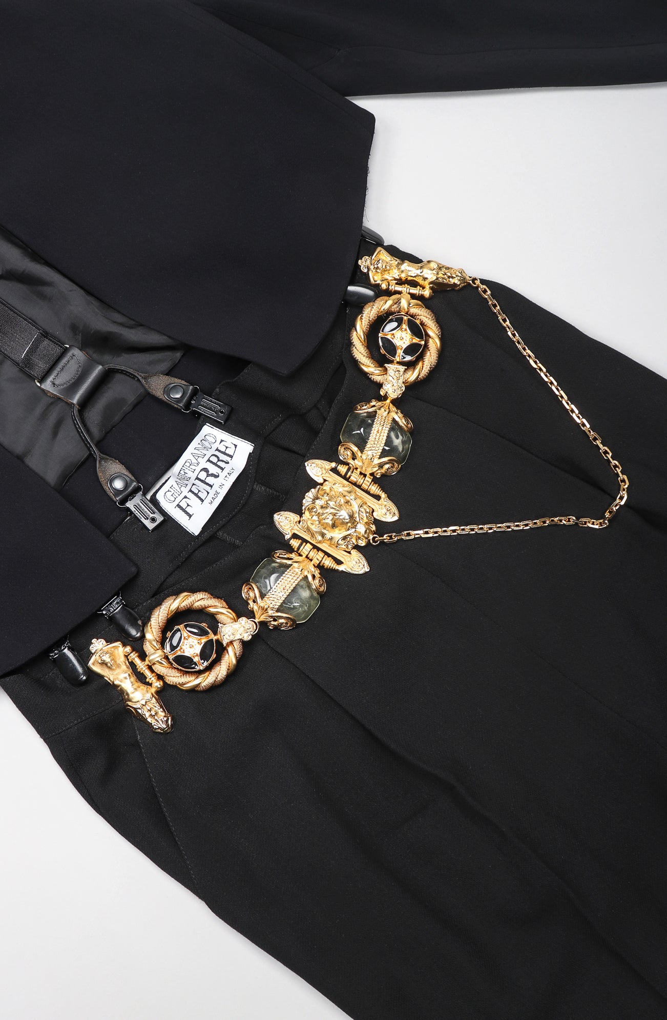 Recess Vintage Gianfranco Ferre Black Jacket, Belted Pant & Suspender Set Flat Lay