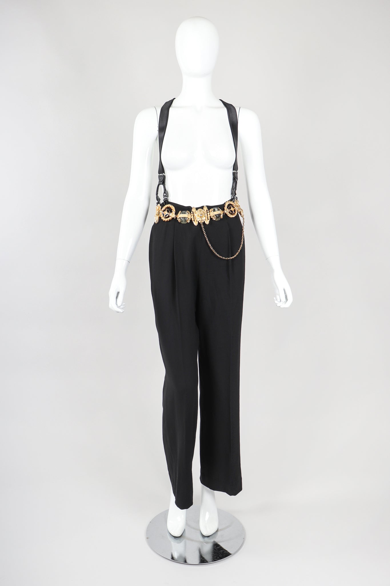 Recess Vintage Gianfranco Ferre Black Belted Pant & Suspenders on Mannequin