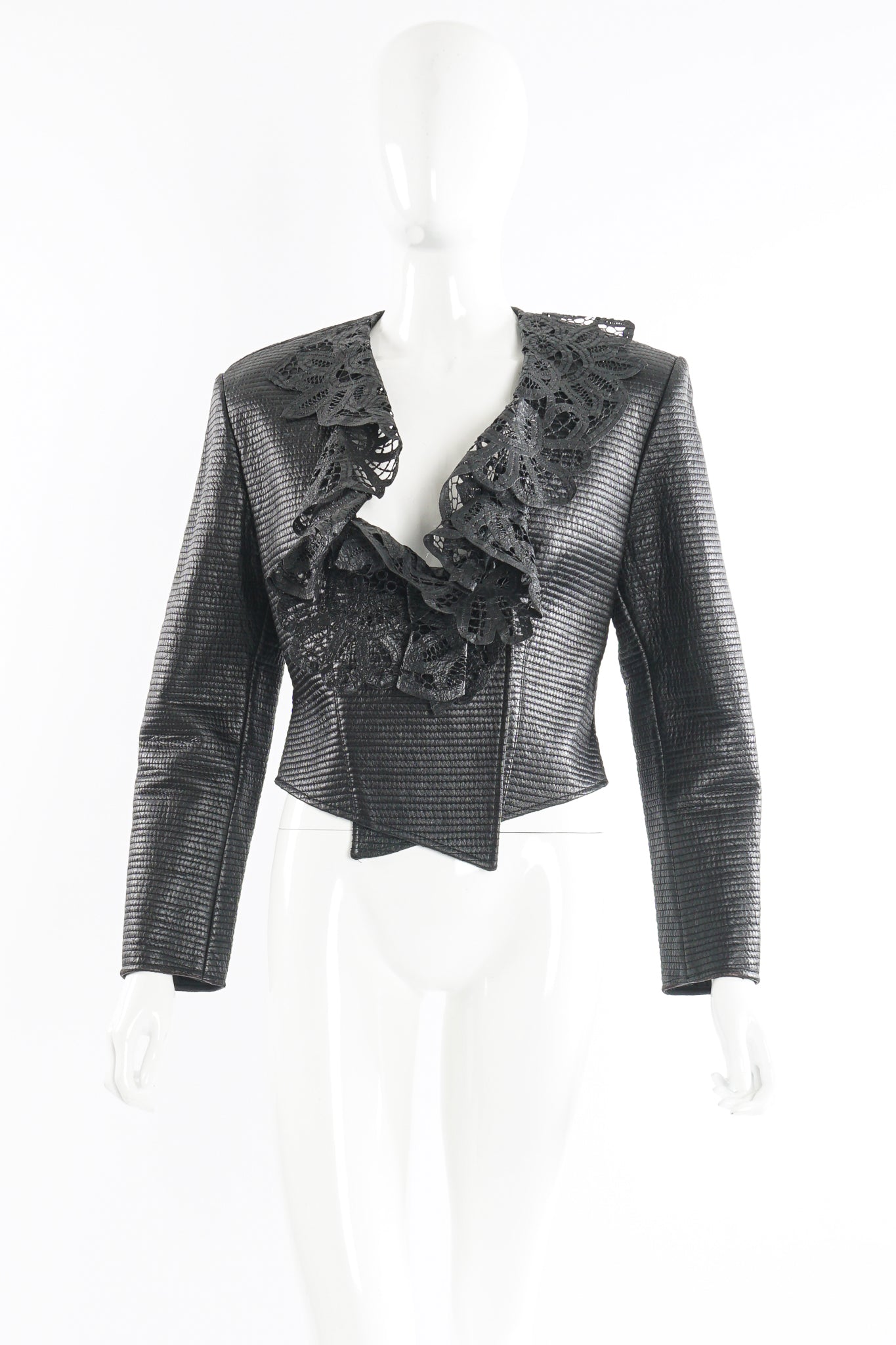 Vintage Gianfranco Ferre Quilted Leather Lace Jacket on Mannequin front at Recess Los Angeles