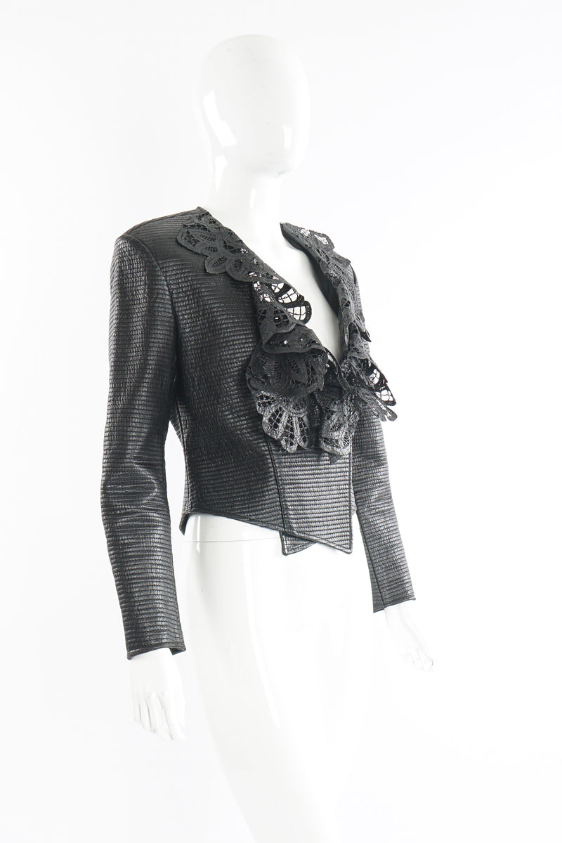 Vintage Gianfranco Ferre Quilted Leather Lace Jacket on Mannequin angle at Recess Los Angeles