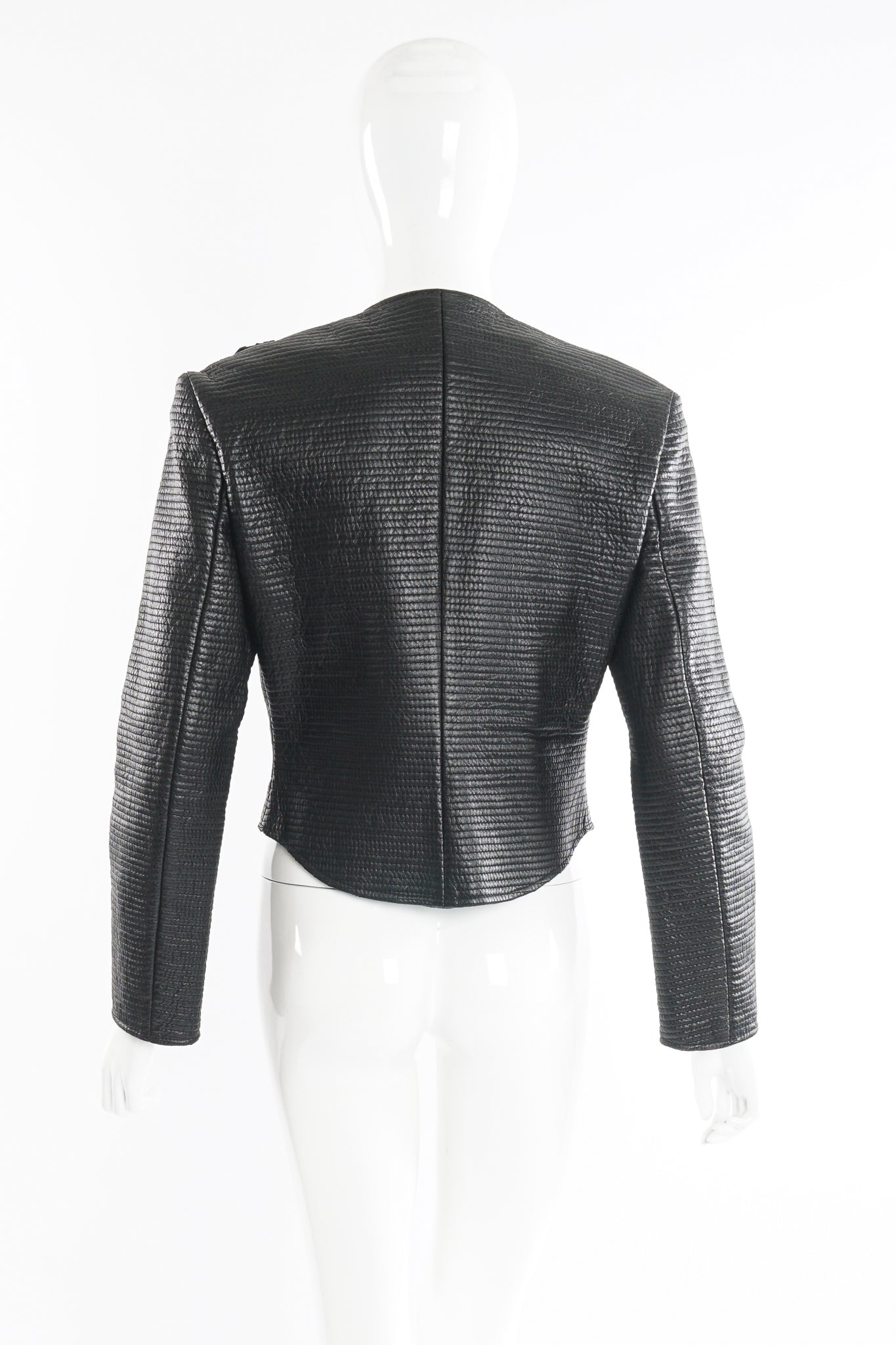 Vintage Gianfranco Ferre Quilted Leather Lace Jacket on Mannequin back at Recess Los Angeles