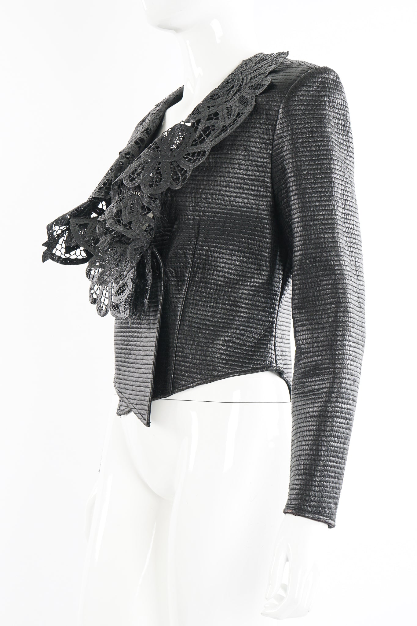 Vintage Gianfranco Ferre Quilted Leather Lace Jacket on Mannequin crop at Recess Los Angeles