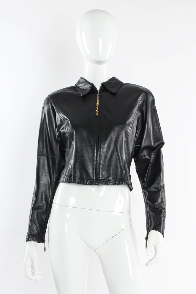 Vintage Gianfranco Ferre Grommet Leather Top & Skirt Set mannequin front top @ Recess LA