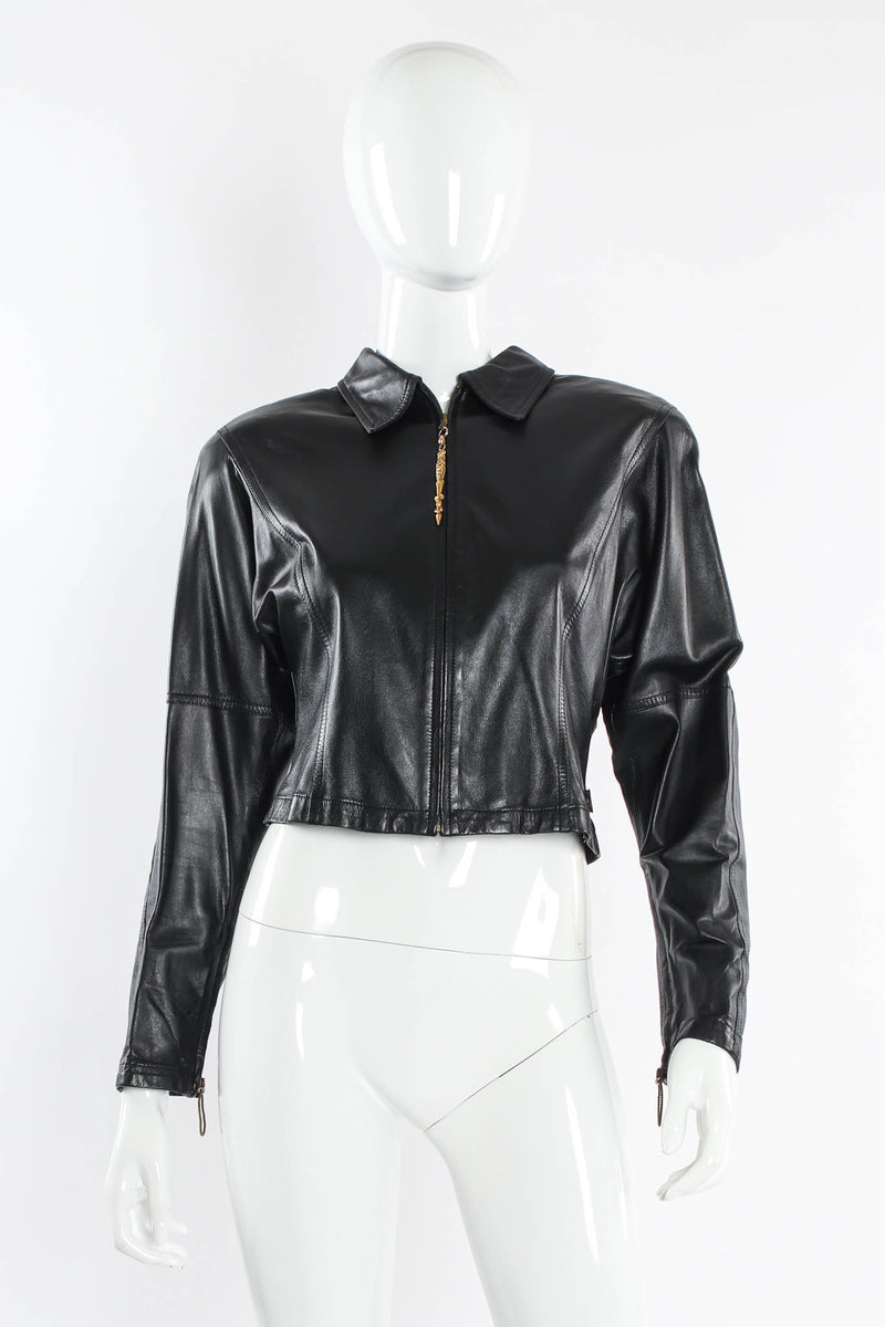 Vintage Gianfranco Ferre Grommet Leather Top & Skirt Set mannequin front top @ Recess LA