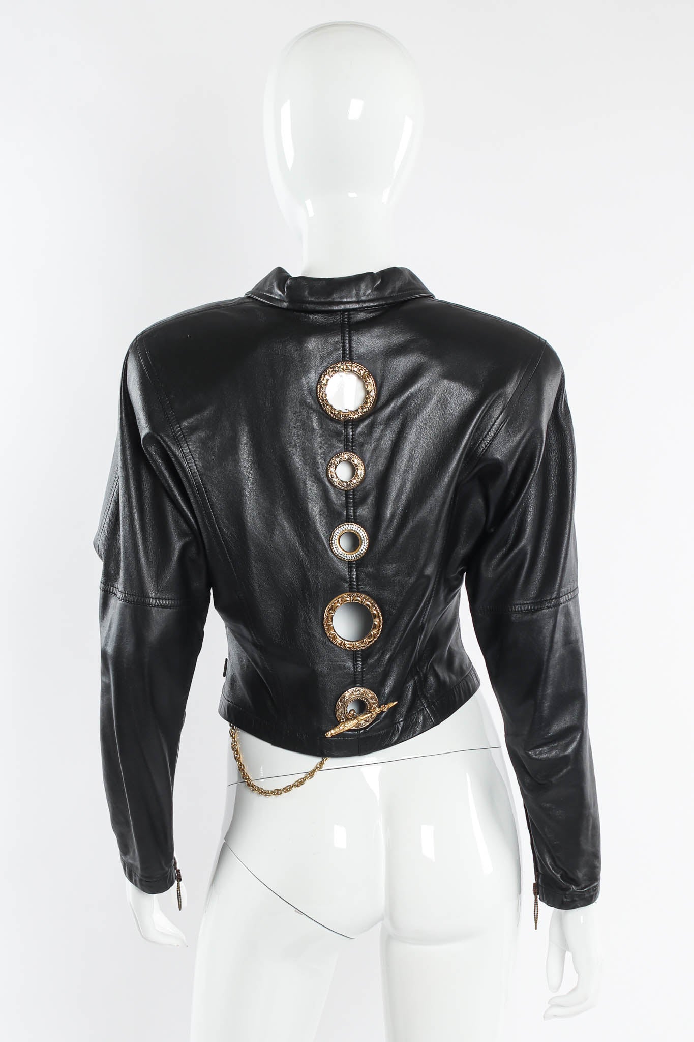 Vintage Gianfranco Ferre Grommet Leather Top & Skirt Set mannequin back top @ Recess LA