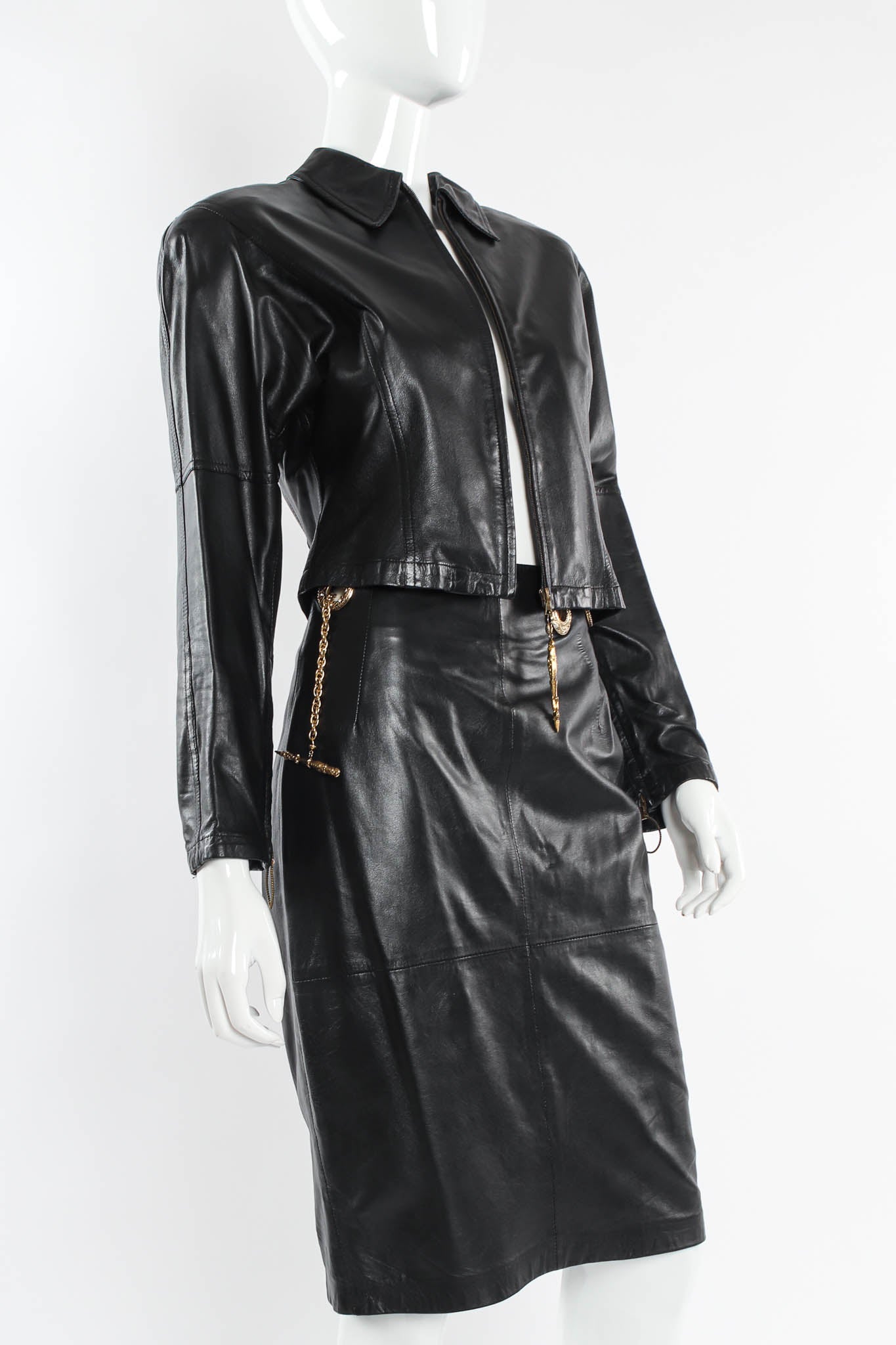 Vintage Gianfranco Ferre Grommet leather Top & Skirt Set mannequin front close angle @ Recess LA
