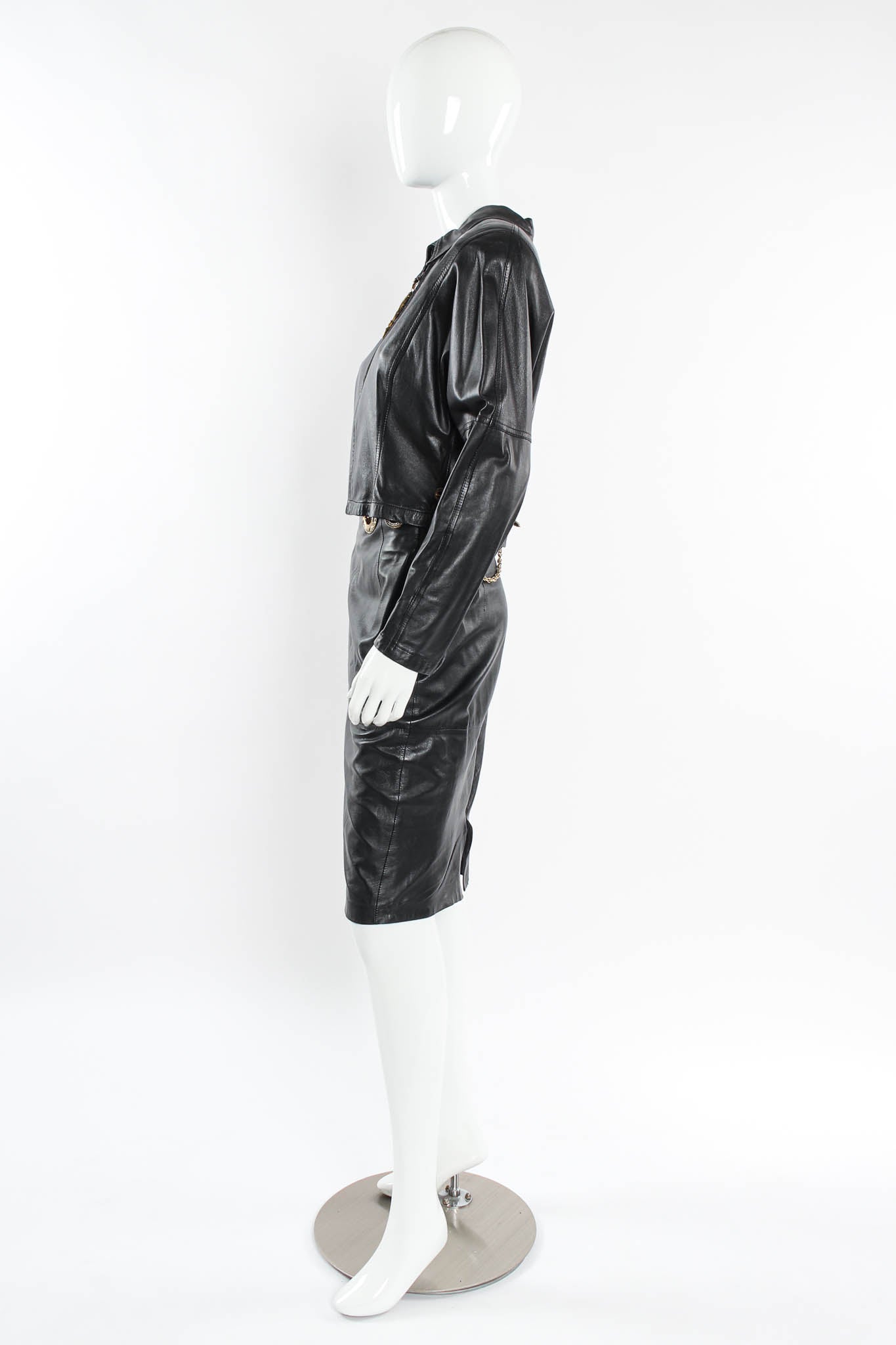Vintage Gianfranco Ferre Grommet Leather Top & Skirt Set mannequin side @ Recess LA