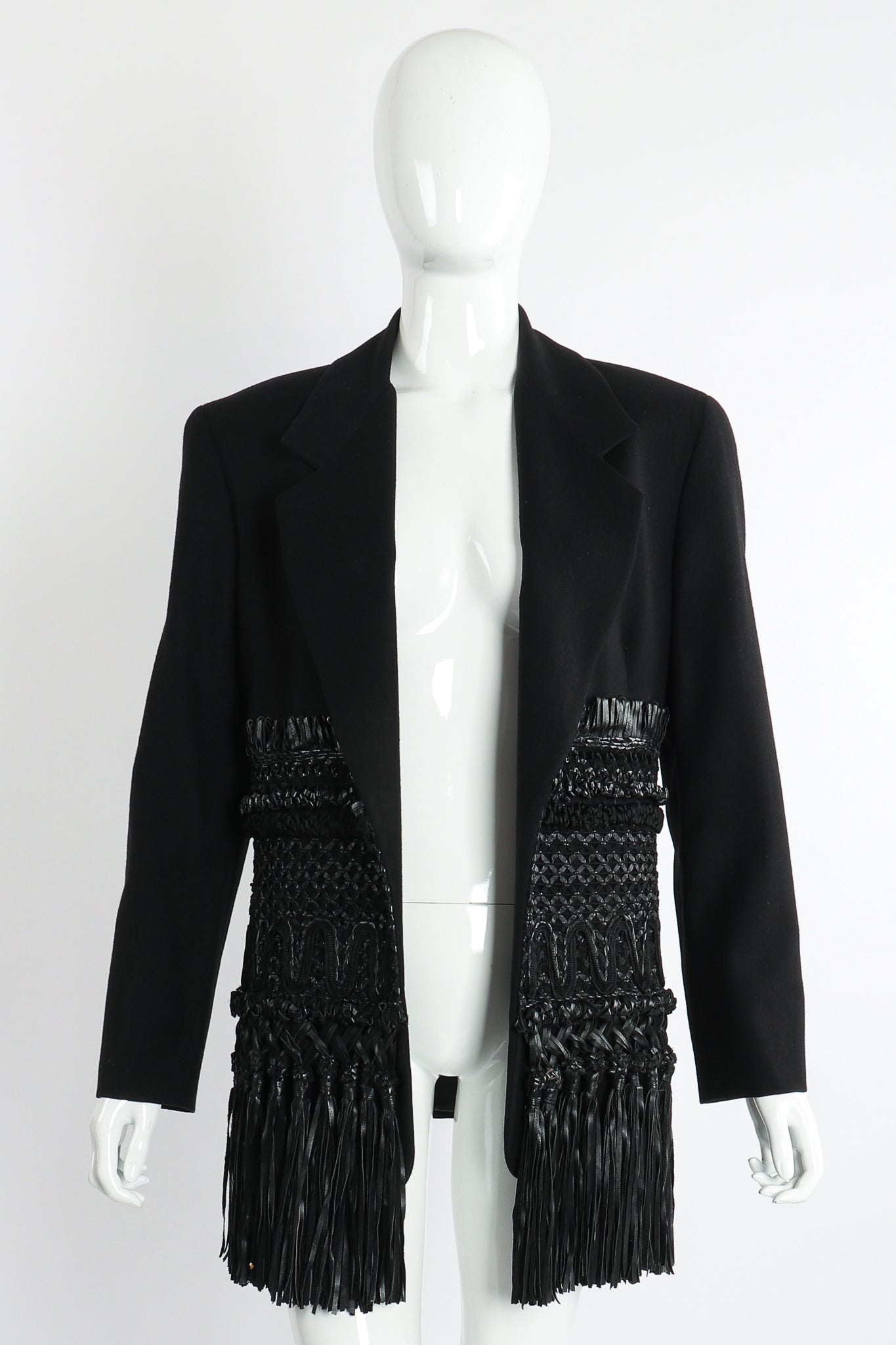 Vintage Gianfranco Ferre Leather Macrame Boyfriend Jacket on Mannequin Front at Recess Los Angeles