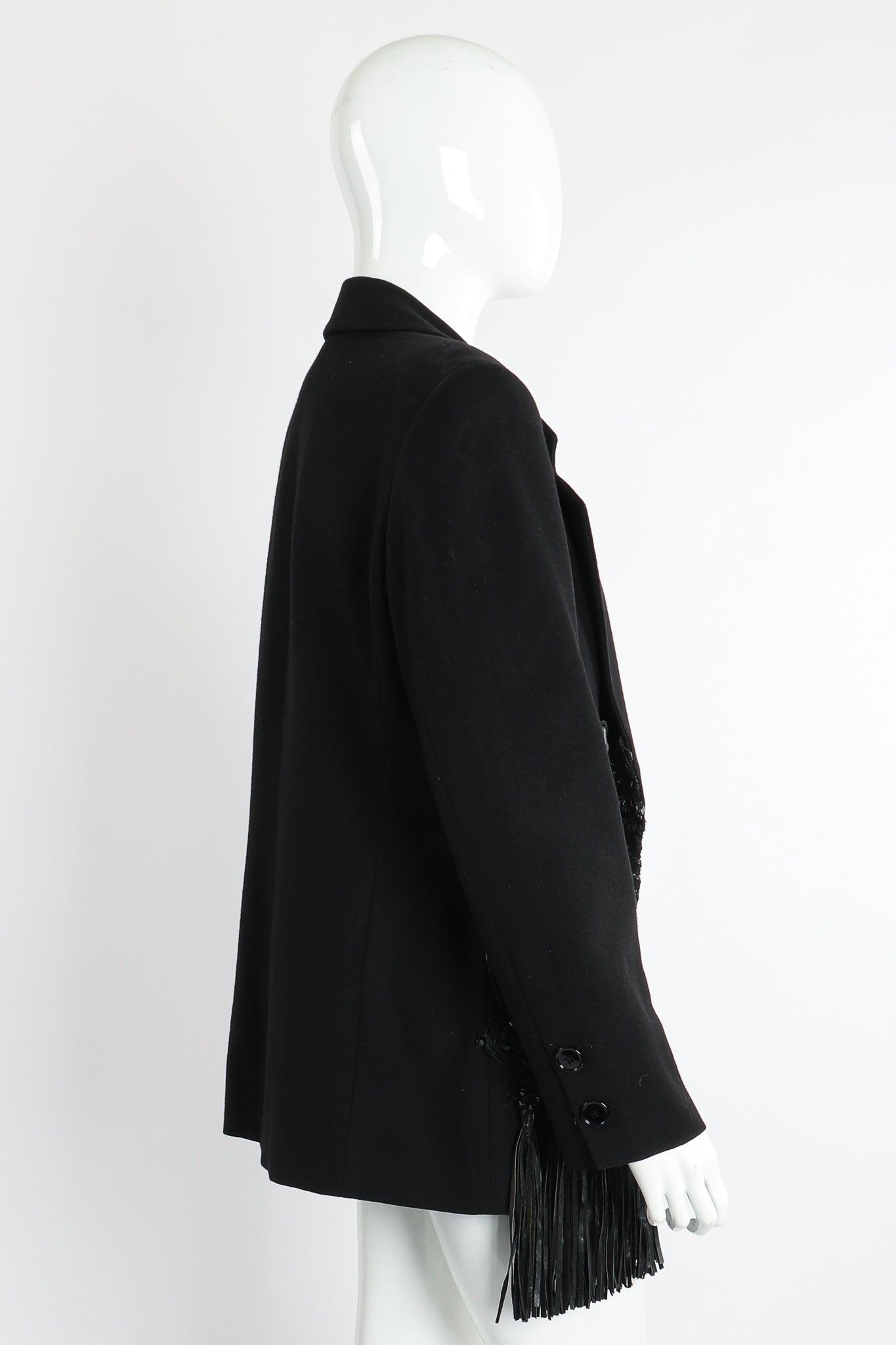 Vintage Gianfranco Ferre Leather Macrame Boyfriend Jacket on Mannequin Side at Recess Los Angeles
