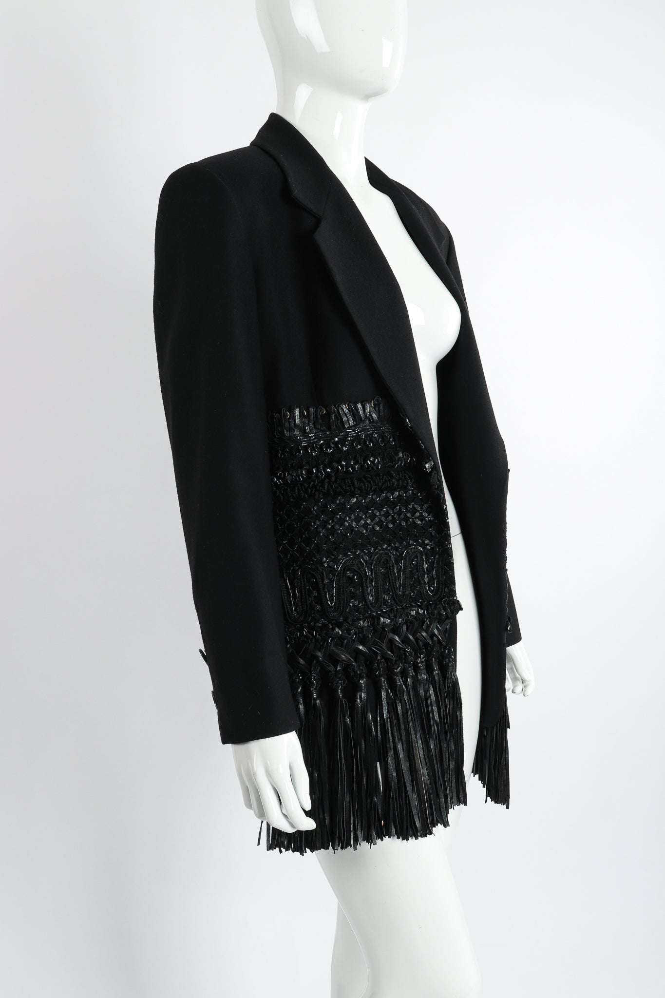 Vintage Gianfranco Ferre Leather Macrame Boyfriend Jacket on Mannequin Angle at Recess Los Angeles