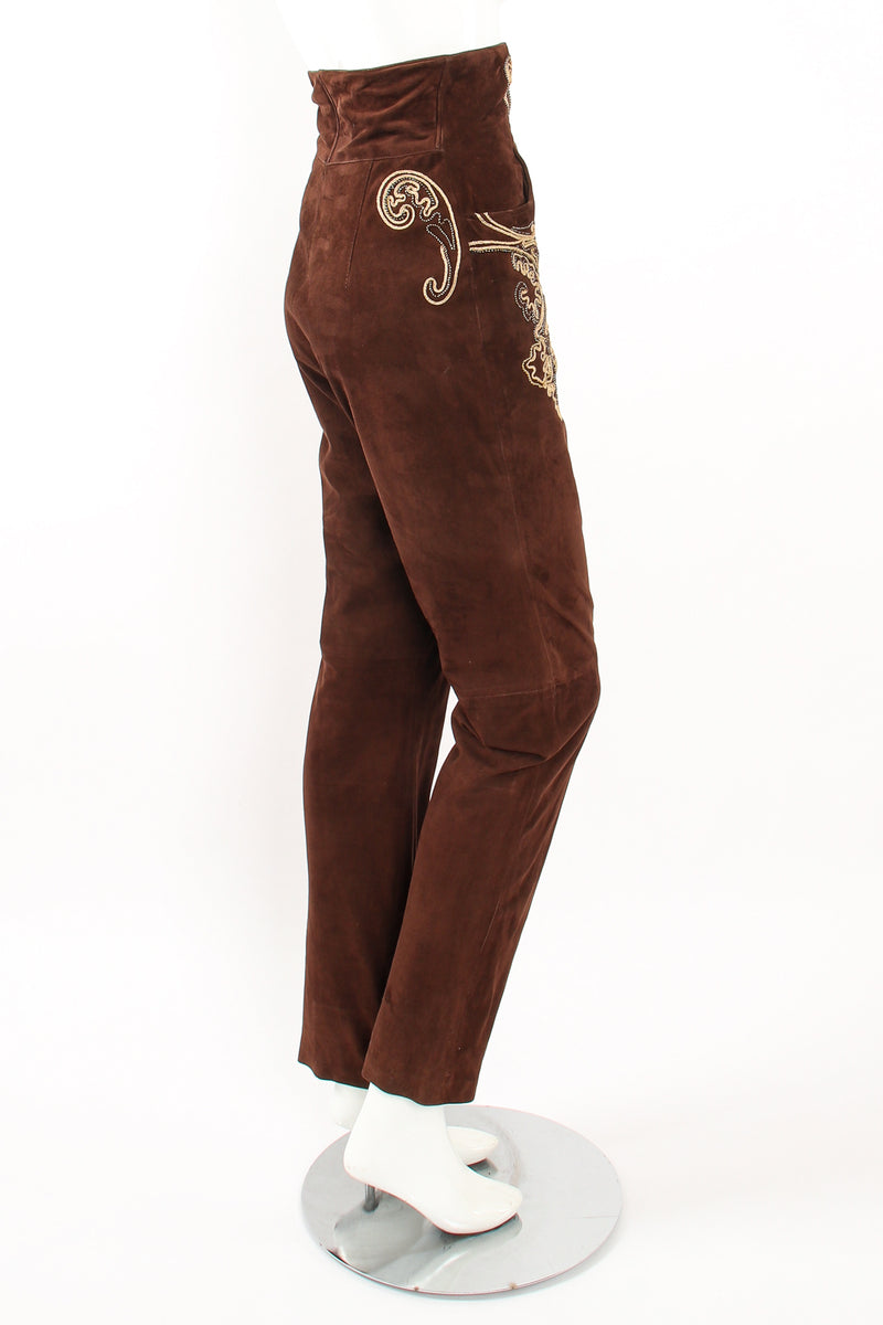 Vintage Gianfranco Ferre Suede Corset Waist Jodhpur Pants on Mannequin side at Recess Los Angeles