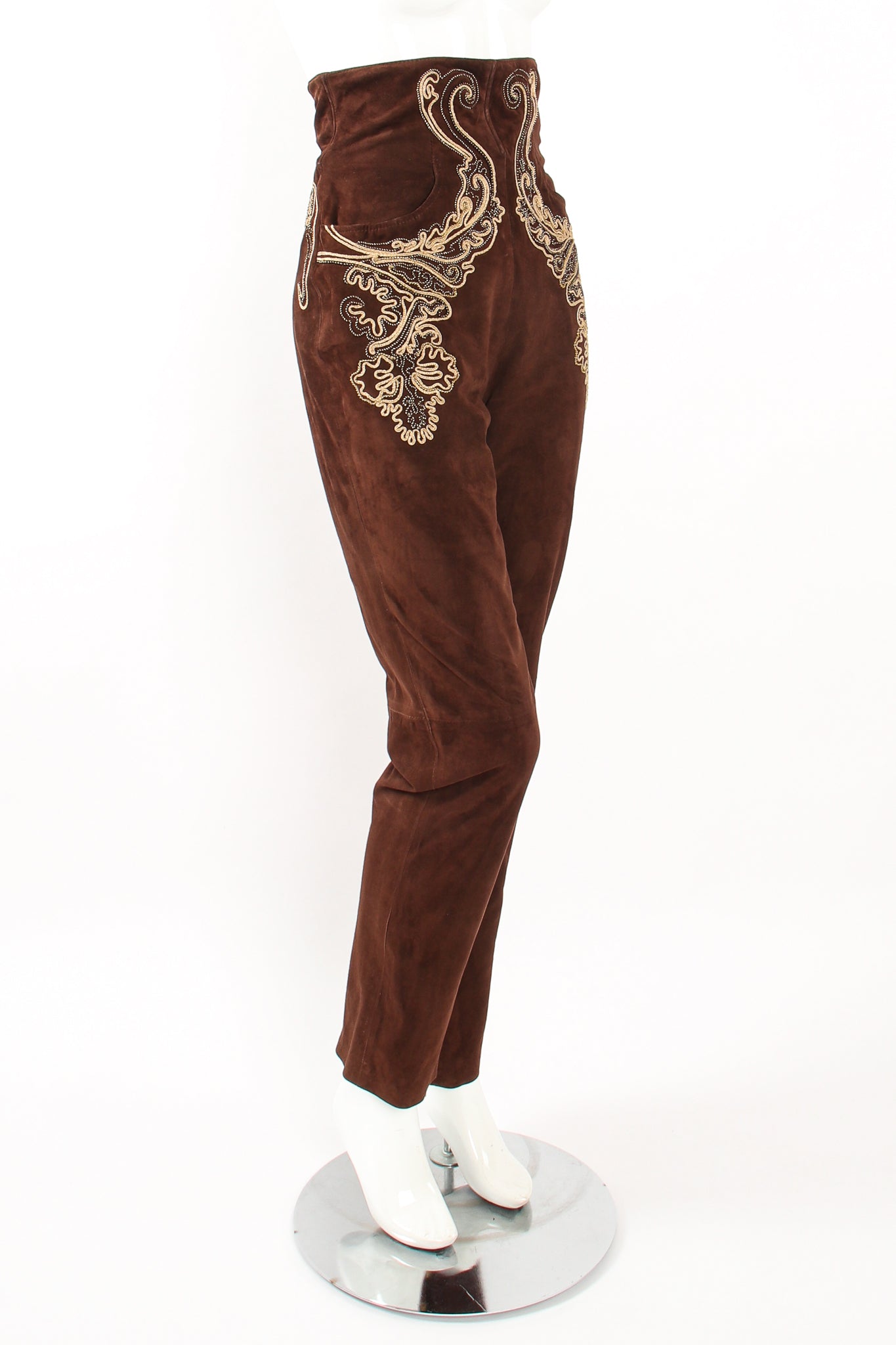 Vintage Gianfranco Ferre Suede Corset Waist Jodhpur Pants on Mannequin angle at Recess Los Angeles