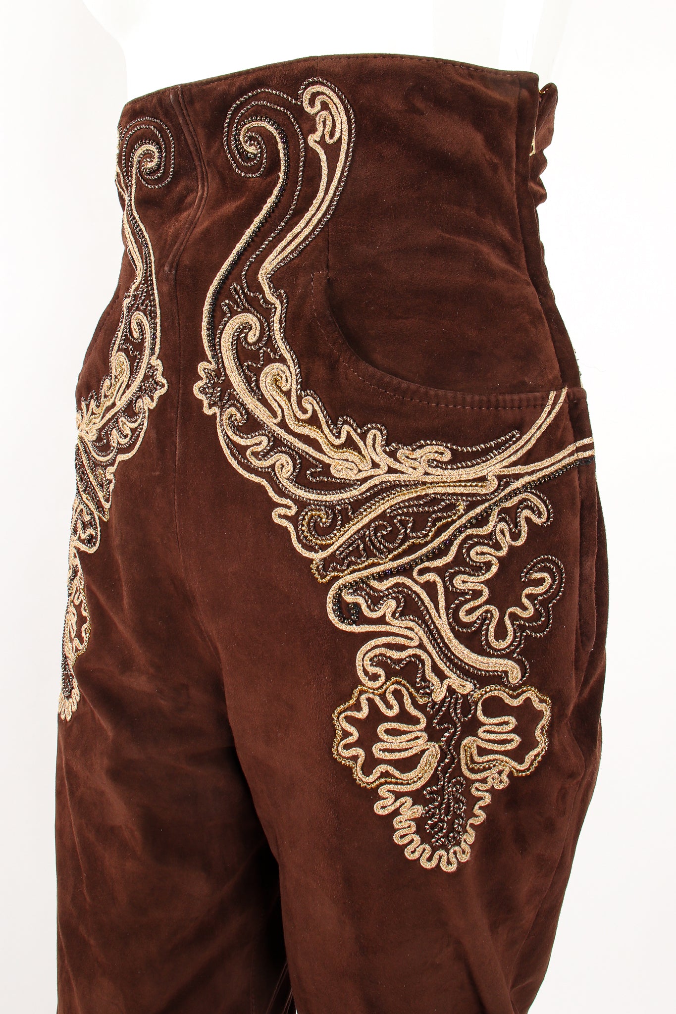 Vintage Gianfranco Ferre Suede Corset Waist Jodhpur Pants on Mannequin waist at Recess Los Angeles