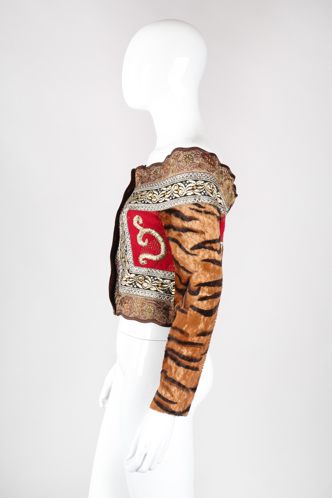 Recess Los Angeles Vintage Gianfranco Ferre Off-The-Shoulder Tiger Fur Brocade Top