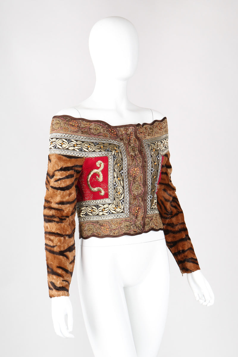 Recess Los Angeles Vintage Gianfranco Ferre Off-The-Shoulder Tiger Fur Brocade Top
