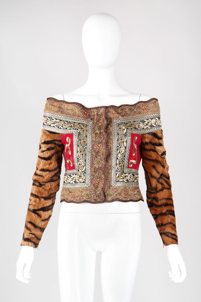 Recess Los Angeles Vintage Gianfranco Ferre Off-The-Shoulder Tiger Fur Brocade Top