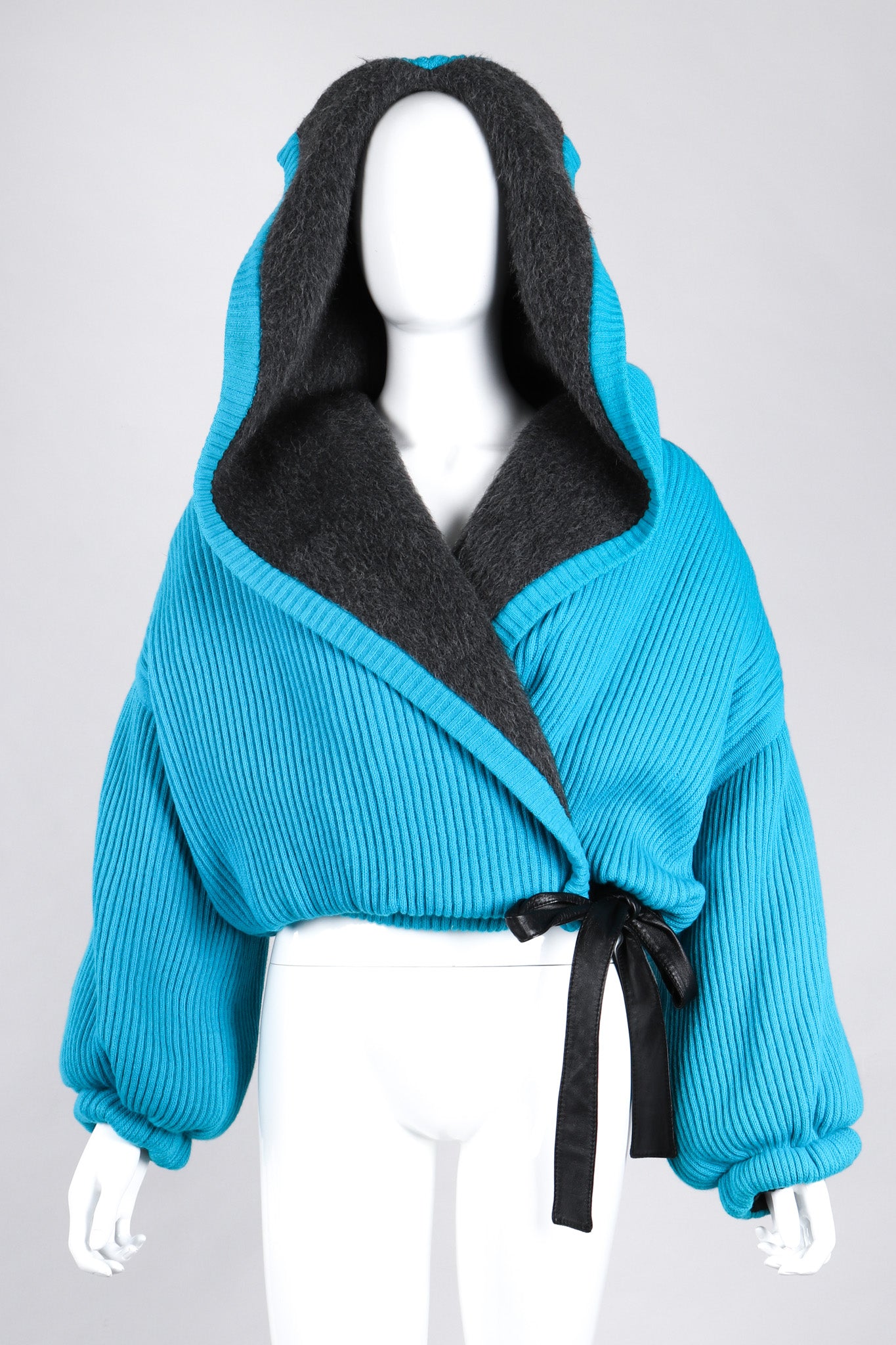 Recess Los Angeles Vintage Giancfranco Ferre Avant Garde Wrap Turquoise Short Jacket Hood Front Slit Leather Ties Fuzzy Lining Inner Quilting Puffy