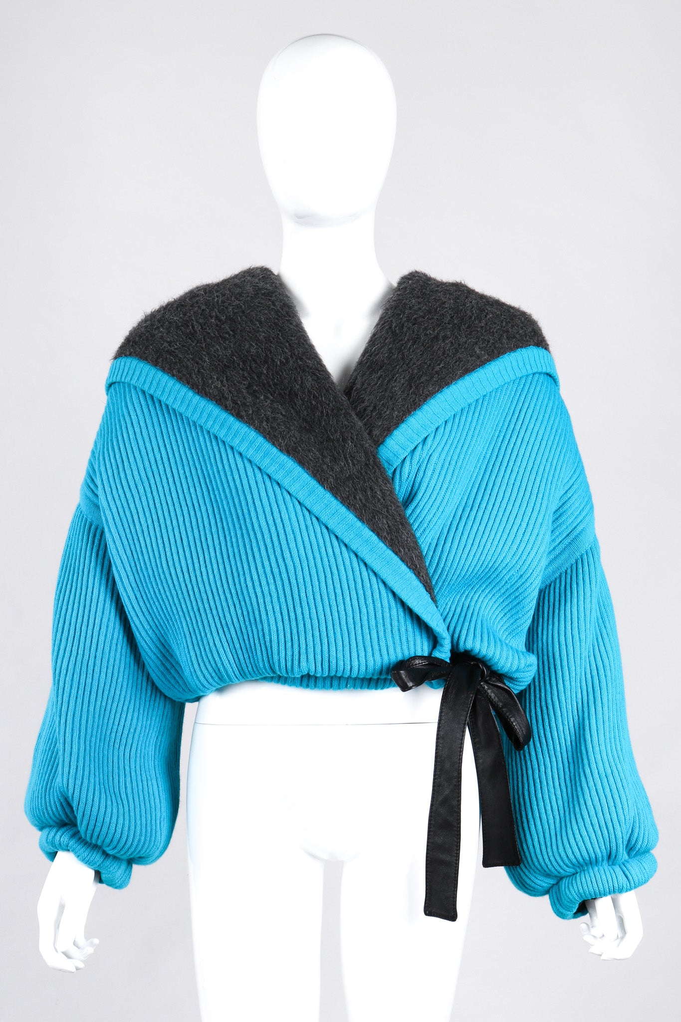Recess Los Angeles Vintage Giancfranco Ferre Avant Garde Wrap Turquoise Short Jacket Hood Front Slit Leather Ties Fuzzy Lining Inner Quilting Puffy