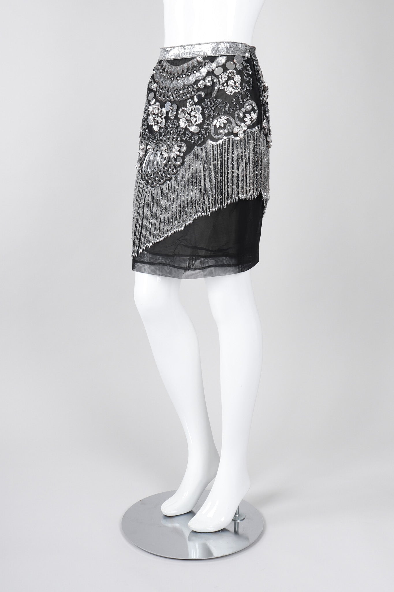 Recess Los Angeles Vintage Gianfranco Ferre Mesh Crystal Bead Fringe Gatsby Flapper Skirt