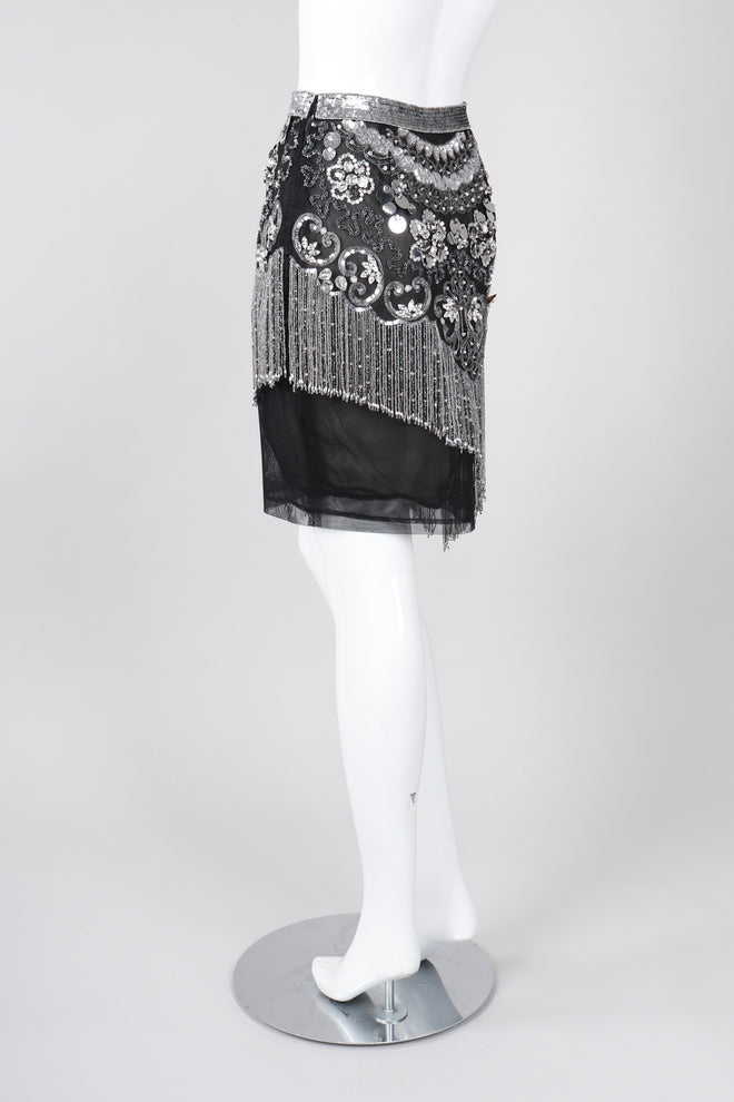 Recess Los Angeles Vintage Gianfranco Ferre Mesh Crystal Bead Fringe Gatsby Flapper Skirt