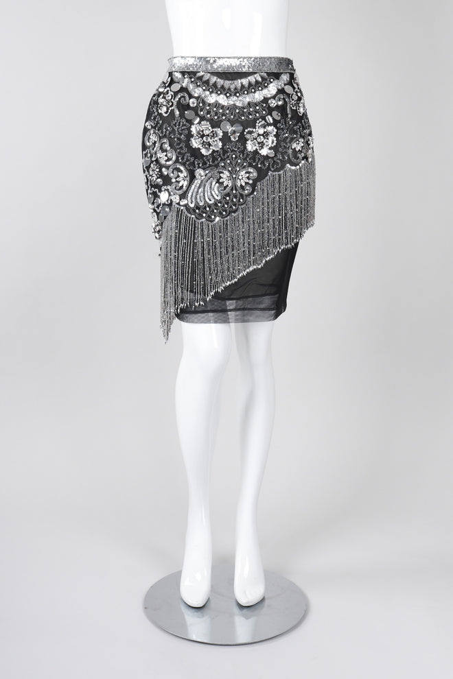Recess Los Angeles Vintage Gianfranco Ferre Mesh Crystal Bead Fringe Gatsby Flapper Skirt