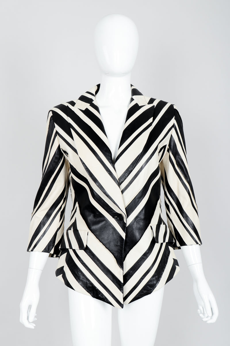 Vintage Gianfranco Ferre Leather Chevron Zebra Jacket on Mannequin Front
