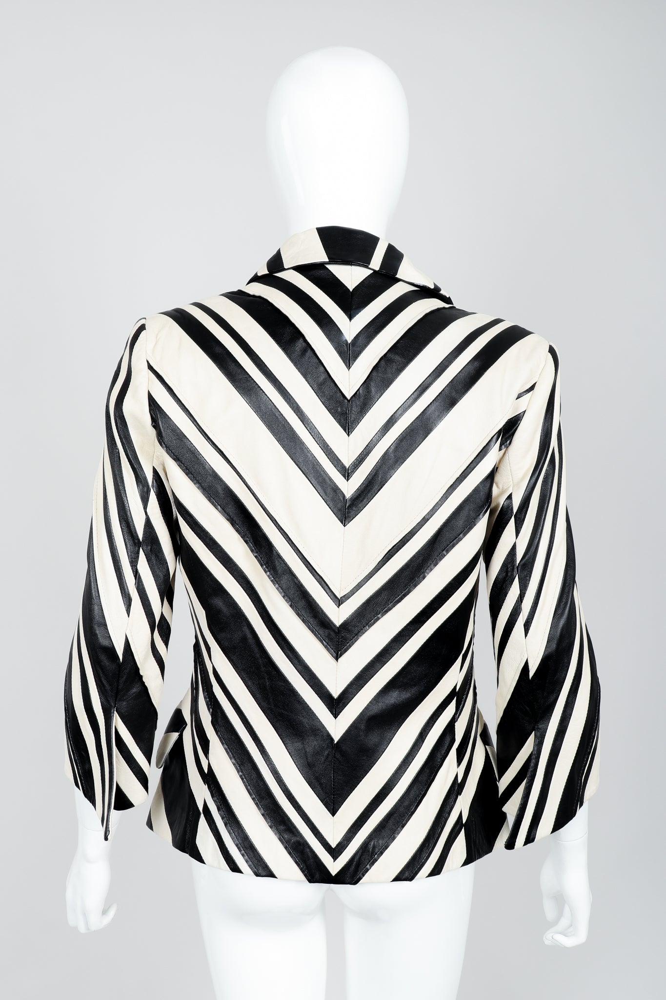 Vintage Gianfranco Ferre Leather Chevron Zebra Jacket on Mannequin Back
