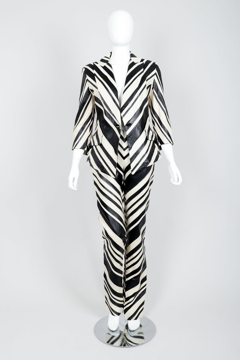 Vintage Gianfranco Ferre Leather Chevron Zebra Jacket & Pant Suit Set on Mannequin Front