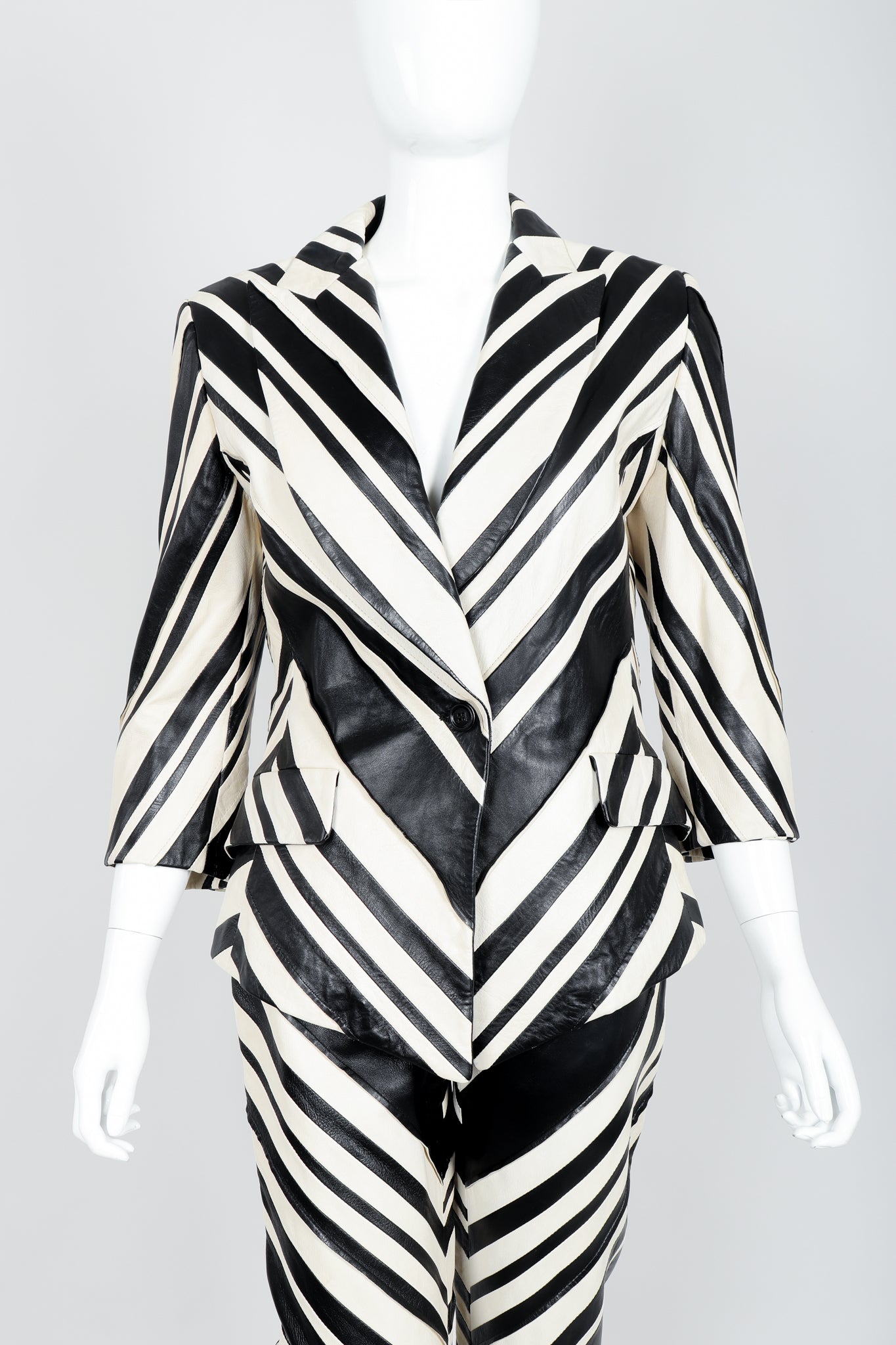 Vintage Gianfranco Ferre Leather Chevron Zebra Jacket & Pant Suit Set on Mannequin Crop