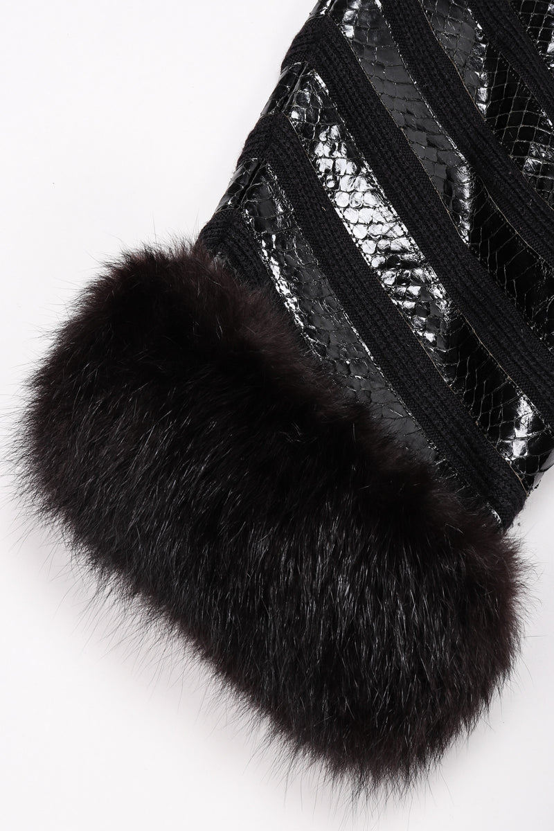Recess Los Angeles Vintage Gianmarco Lorenzi Ribbed Long Black Knit Coat Snakeskin Strips Fox Fur Collar Shoulder Pads Drop Hem